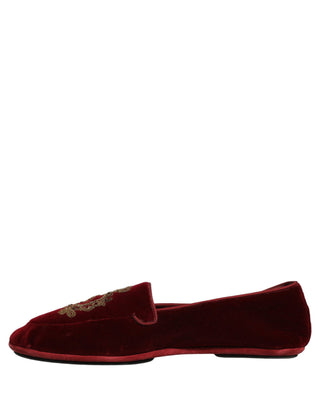 Maroon Velvet Crown Embroidery Loafers Shoes