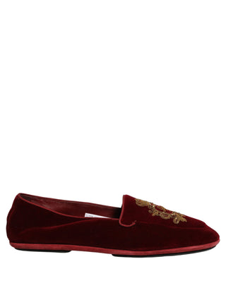 Maroon Velvet Crown Embroidery Loafers Shoes