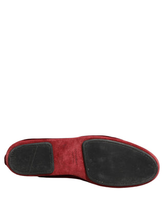 Maroon Velvet Crown Embroidery Loafers Shoes