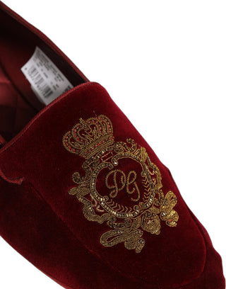 Maroon Velvet Crown Embroidery Loafers Shoes