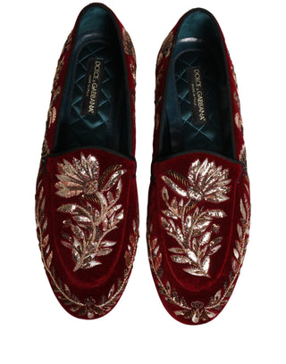 Red Velvet Floral Embroidery Loafers Shoes