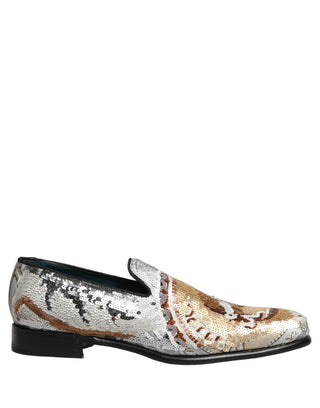 White Gold Sequined Slip On Loafers Shoes