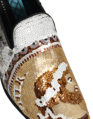 White Gold Sequined Slip On Loafers Shoes