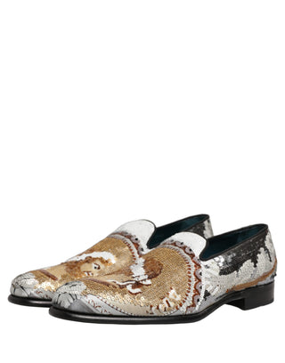 White Gold Sequined Slip On Loafers Shoes