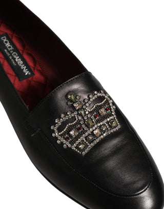 Black Leather Crown Embellished Loafers Shoes