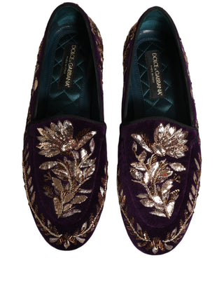 Violet Velvet Floral Embroidery Loafers Shoes