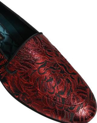Red Floral Jacquard Slip On Loafers Shoes
