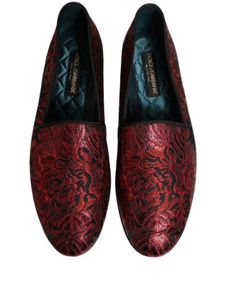 Red Floral Jacquard Slip On Loafers Shoes
