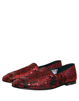 Red Floral Jacquard Slip On Loafers Shoes