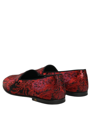 Red Floral Jacquard Slip On Loafers Shoes