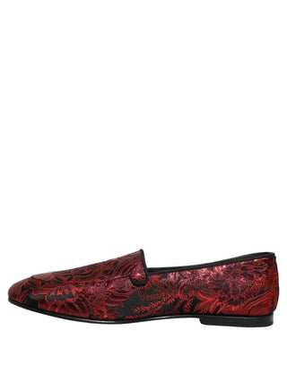 Red Floral Jacquard Slip On Loafers Shoes