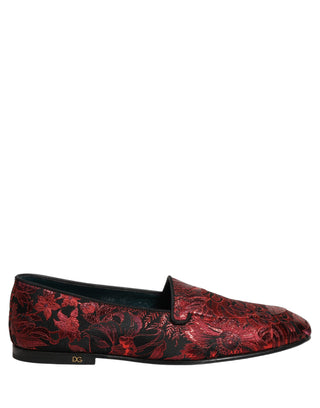 Red Floral Jacquard Slip On Loafers Shoes