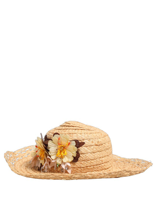 Women Beige Wide Brim Floral Bucket Capello Hat