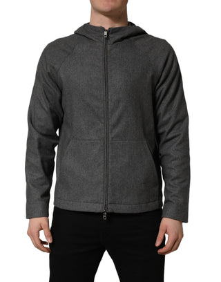 Gray Cotton Men Hooded Full Zip Bomber Jacket