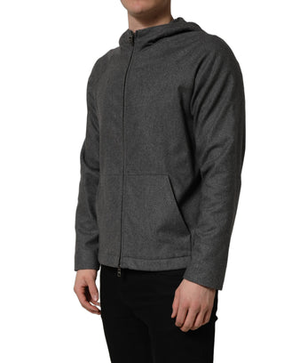 Gray Cotton Men Hooded Full Zip Bomber Jacket