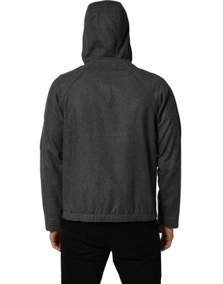 Gray Cotton Men Hooded Full Zip Bomber Jacket