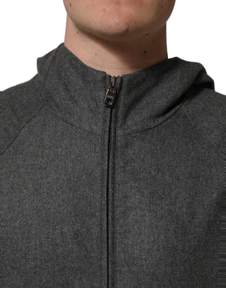 Gray Cotton Men Hooded Full Zip Bomber Jacket