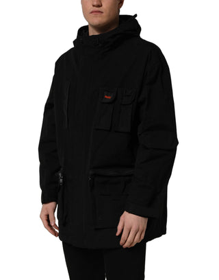 Black Nylon Men Hooded Windbreaker Jacket