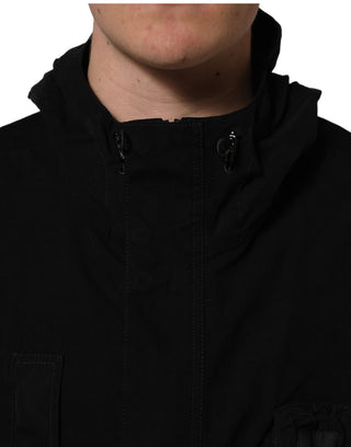 Black Nylon Men Hooded Windbreaker Jacket