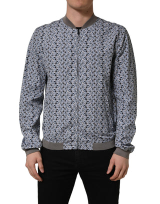 Light Blue Cotton Car Print Bomber Jacket