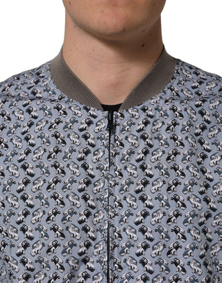 Light Blue Cotton Car Print Bomber Jacket