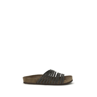 Black Calf Leather Bos Taurus Flat Sandals
