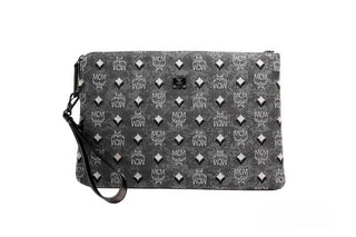 MCM Veritas Medium Dark Grey Denim Monogram Logo Canvas Clutch Pouch Handbag