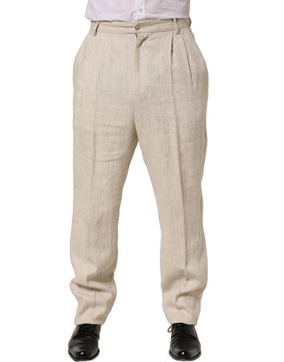 Beige Linen Tapered Men Dress Trouser Pants