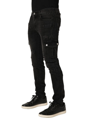 Jeans cargo de mezclilla para hombre de algodón negro desgastados