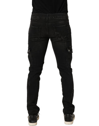 Jeans cargo de mezclilla para hombre de algodón negro desgastados