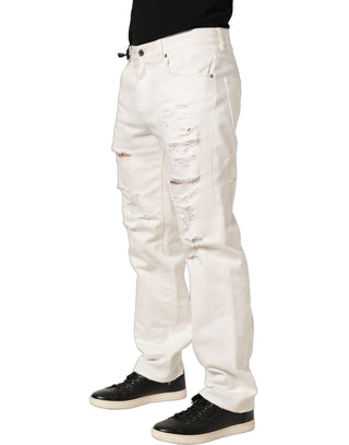 Jeans rectos de mezclilla de algodón blanco desgastados