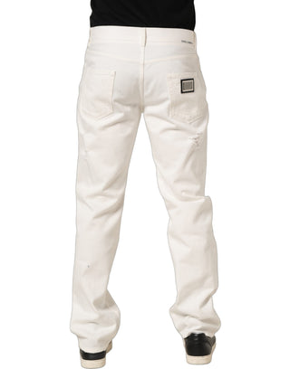 Jeans rectos de mezclilla de algodón blanco desgastados