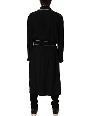 Black 100% Silk Robe Men Wrap Coat Jacket