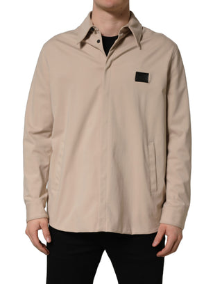 Beige Logo Overshirt Cotton Men Casual Shirt