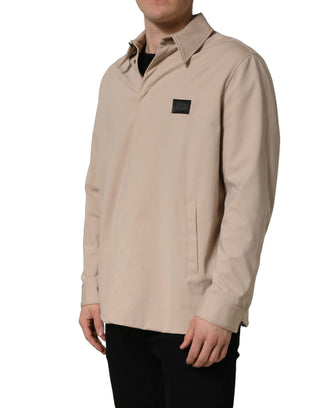 Beige Logo Overshirt Cotton Men Casual Shirt