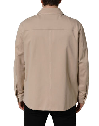 Beige Logo Overshirt Cotton Men Casual Shirt