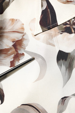 Beige Tulip Print Silk Short Sleeves Shirt