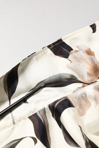Beige Tulip Print Silk Short Sleeves Shirt