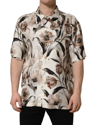 Beige Tulip Print Silk Short Sleeves Shirt