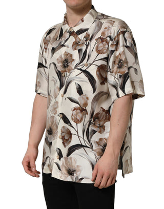 Beige Tulip Print Silk Short Sleeves Shirt