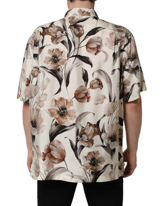 Beige Tulip Print Silk Short Sleeves Shirt