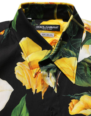 Black Floral Stretch Cotton SICILIA Fit Dress Shirt