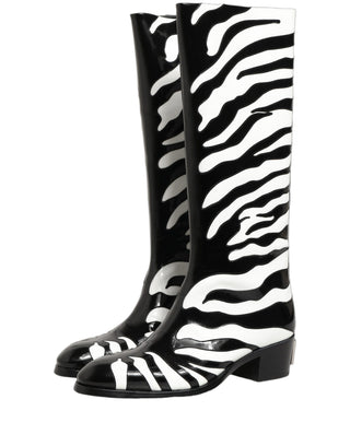 Botas altas hasta la rodilla para hombre con estampado de cebra blanco y negro  