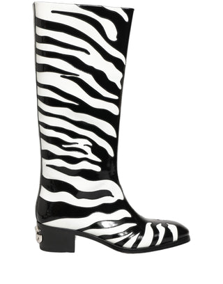 Black White Zebra Knee High Men Boots Shoes