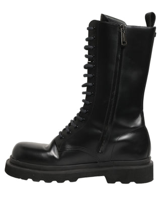 Botas de combate de cuero negro para hombre con cordones  