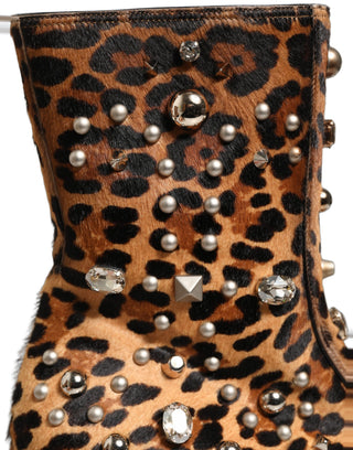 Brown Leopard Embellished Mid Calf Men Boots Shoes