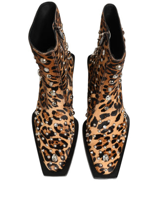 Botas de hombre hasta media pantorrilla con estampado de leopardo marrón y adornos  