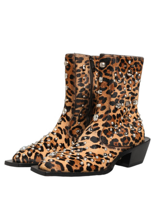 Botas de hombre hasta media pantorrilla con estampado de leopardo marrón y adornos  
