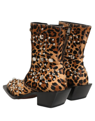 Botas de hombre hasta media pantorrilla con estampado de leopardo marrón y adornos  