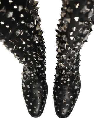 Black Crystal Embellished High Boots Shoes